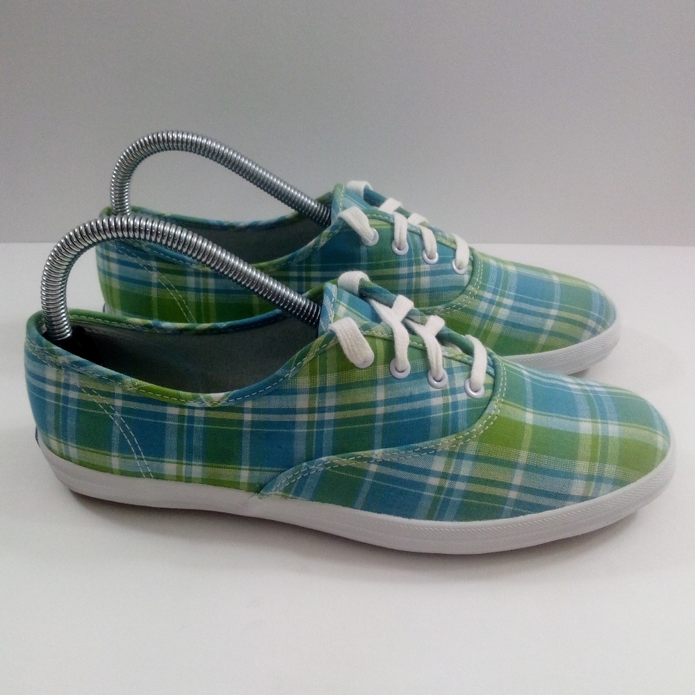 Keds Original Women 8 Lace Up Plaid Blue Green Canvas Casual Shoes WF12238M
